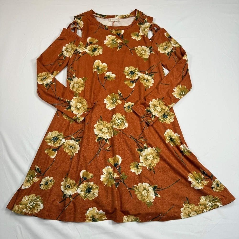 Altar'd State Long Sleeve Floral Midi Dress Womens Size Small Rust Cold Shoulder